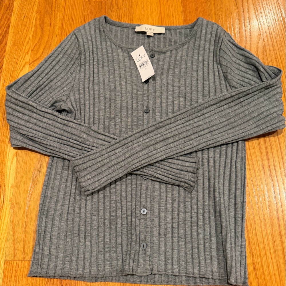 LOFT Heather Gray Ribbed Button Cardigan